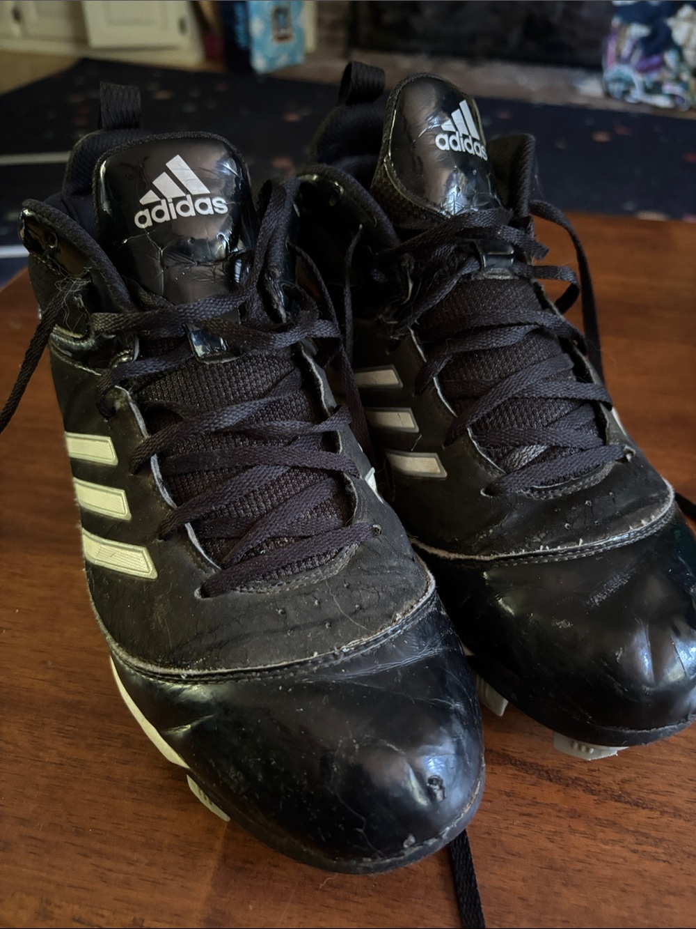 adidas Black Athletic Cleats with White Stripes Men’s 9
